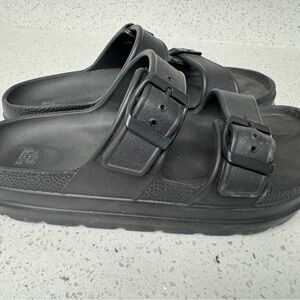 Black Slide Sandals with double Buckle platform